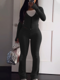 LW Sporty Spandex Mandarin Collar Solid Color Long Sleeve Two-piece Pants Set