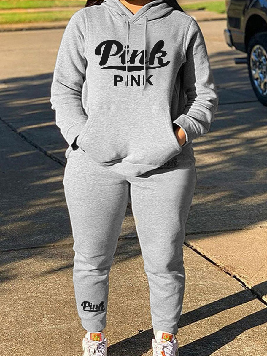 LW Plus Size Pink Letter Print Kangaroo Pocket Tracksuit Set 5X