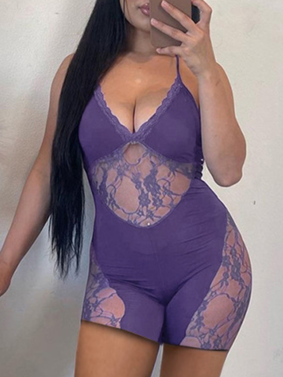 LW SXY Lace Patchwork Solid Color Romper