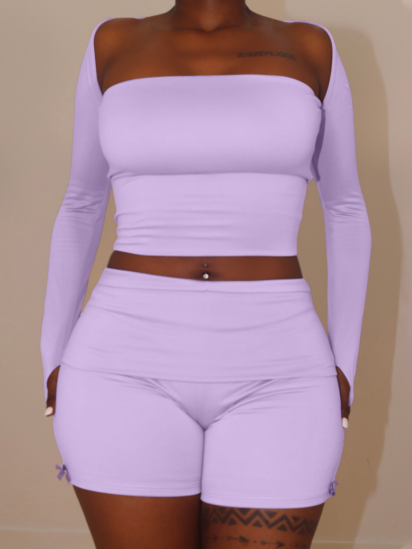 LW BASICS Casual Modal Collarless Solid Color Long Sleeve Two-piece Shorts Set