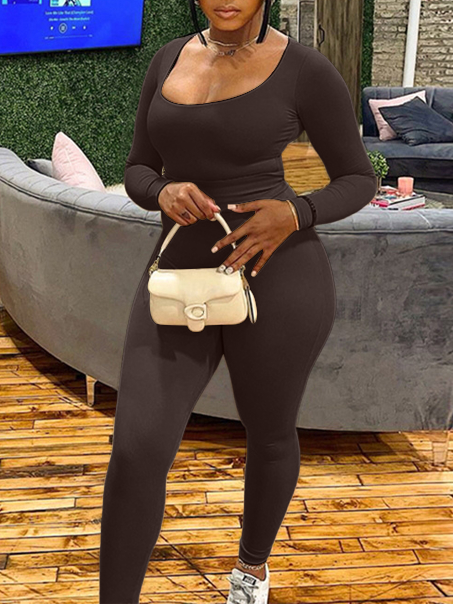 LW BASICS Casual Polyester Round Neck Solid Color Long Sleeve Two-piece Pants Set