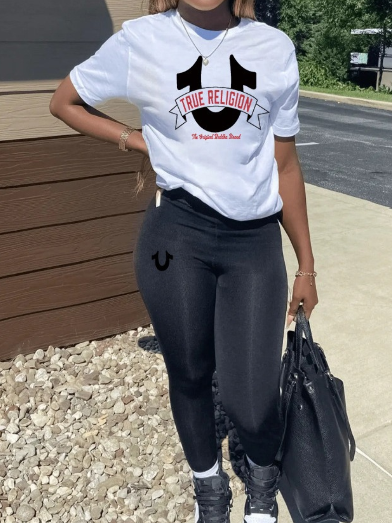 LW Casual Polyester Round Neck Pattern Letter Short Sleeve Black And White Two-piece Pants Set
