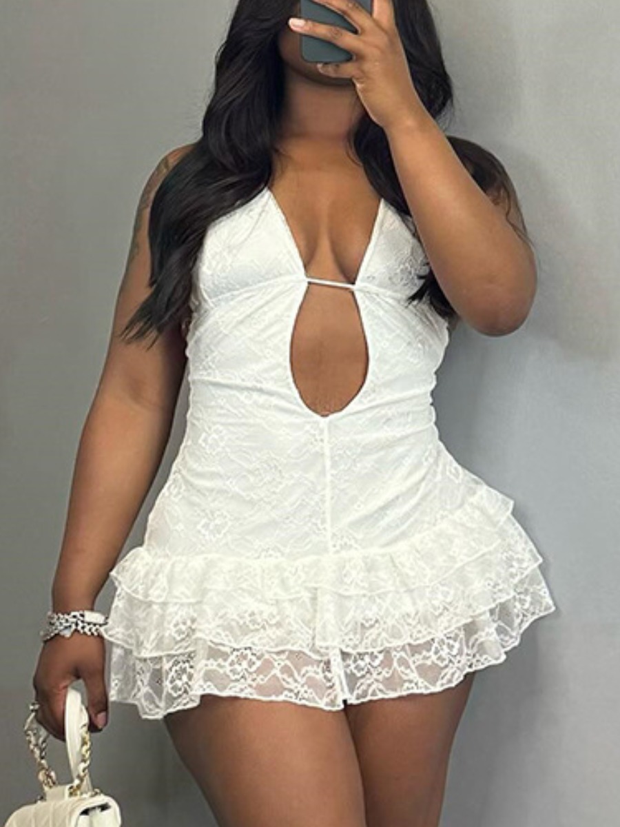 LW Lace Ruffle Hem Solid Color Mini Dress