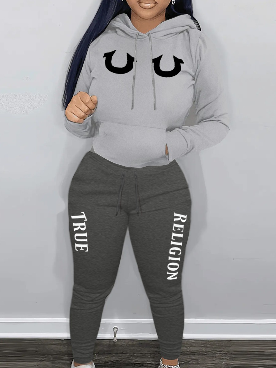 LW Street Polyester Hooded Collar Pattern Letter Print Long Sleeve Two-piece Pants Set