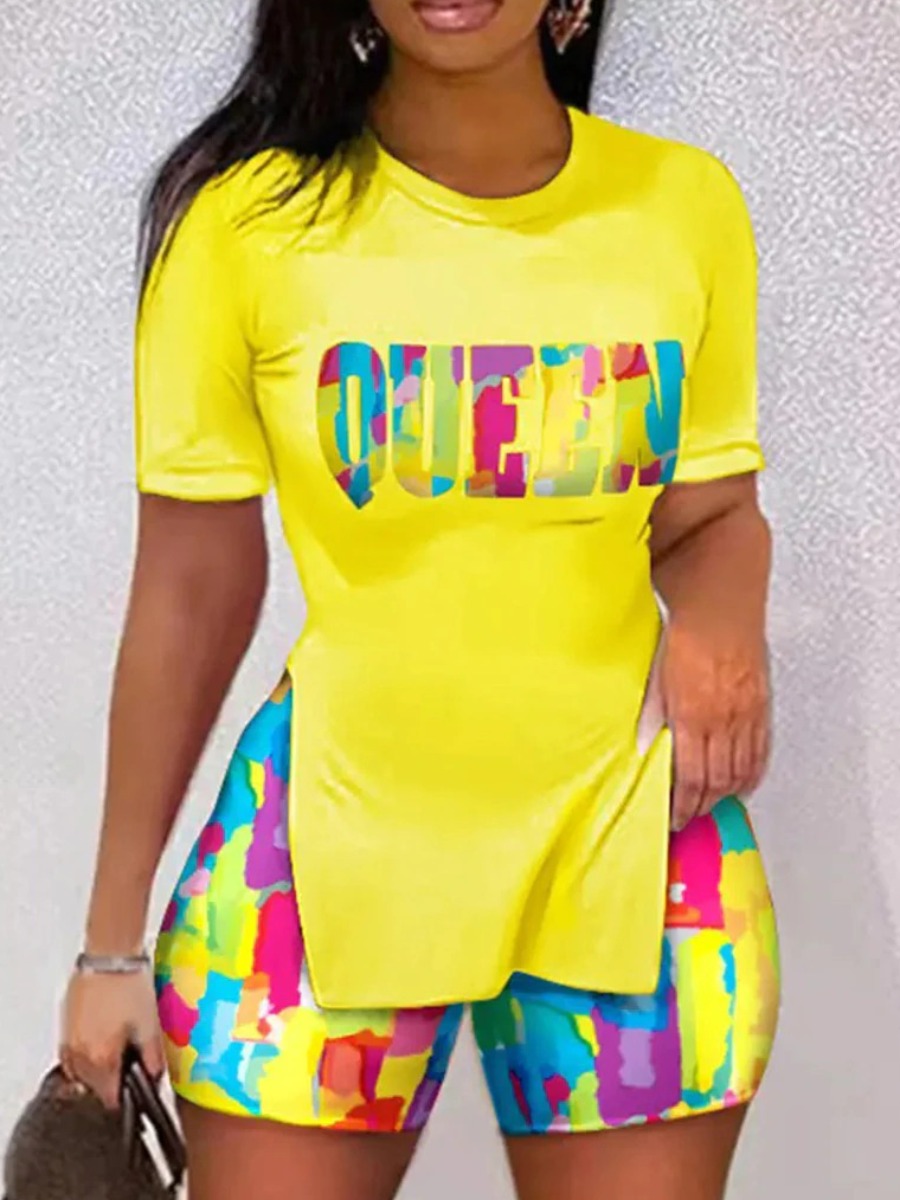 LW Plus Size Split Pattern Letter Two-piece Shorts