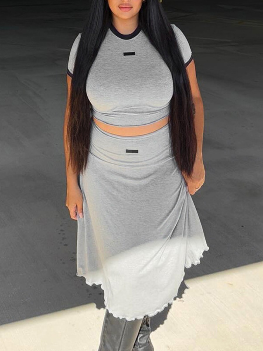 LW BASICS Casual Polyester Round Neck Solid Color Short Sleeve Two-piece Skirt Set