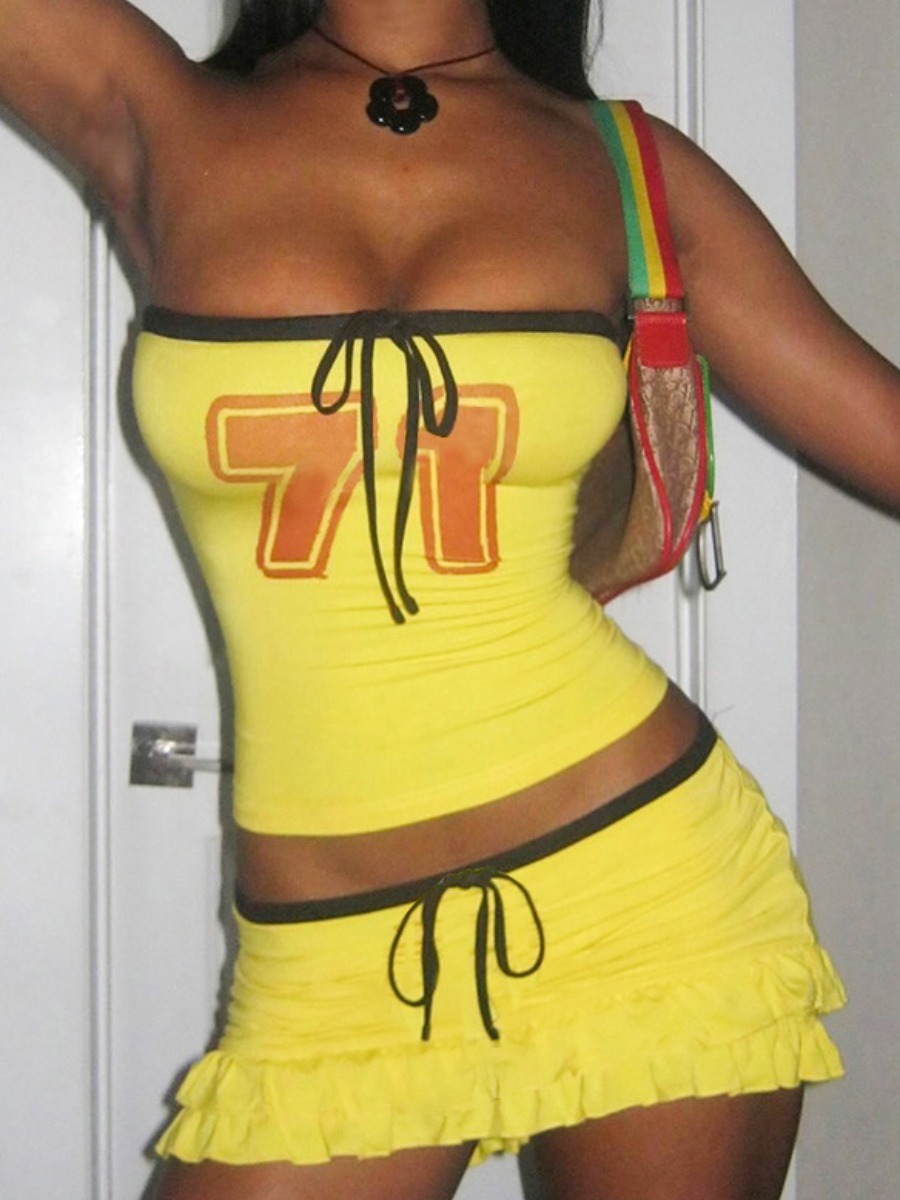 LW Street Polyester Strapless Bandage Design Geometric Pattern Sleeveless Two-piece Skirt Set