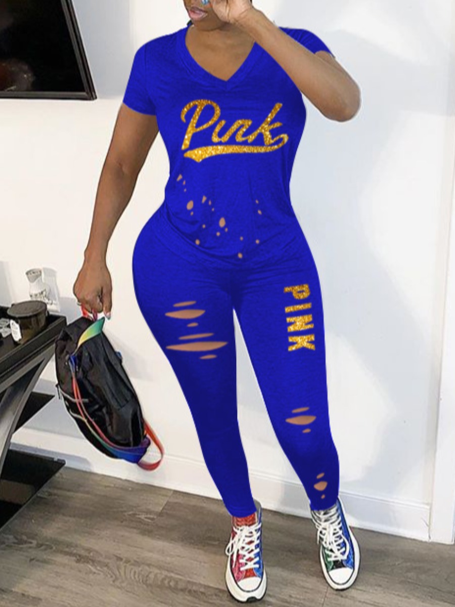 LW Casual Polyester V Neck Ripped Letter Short Sleeve Two-piece Pants Set