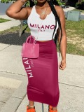 LW Casual Polyester U Neck Pattern Letter Sleeveless Two-piece Skirt Set