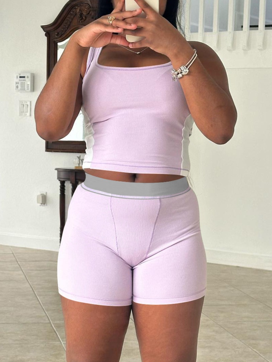 LW Casual Polyester U Neck Patchwork Color Contrast Sleeveless Two-piece Shorts Set