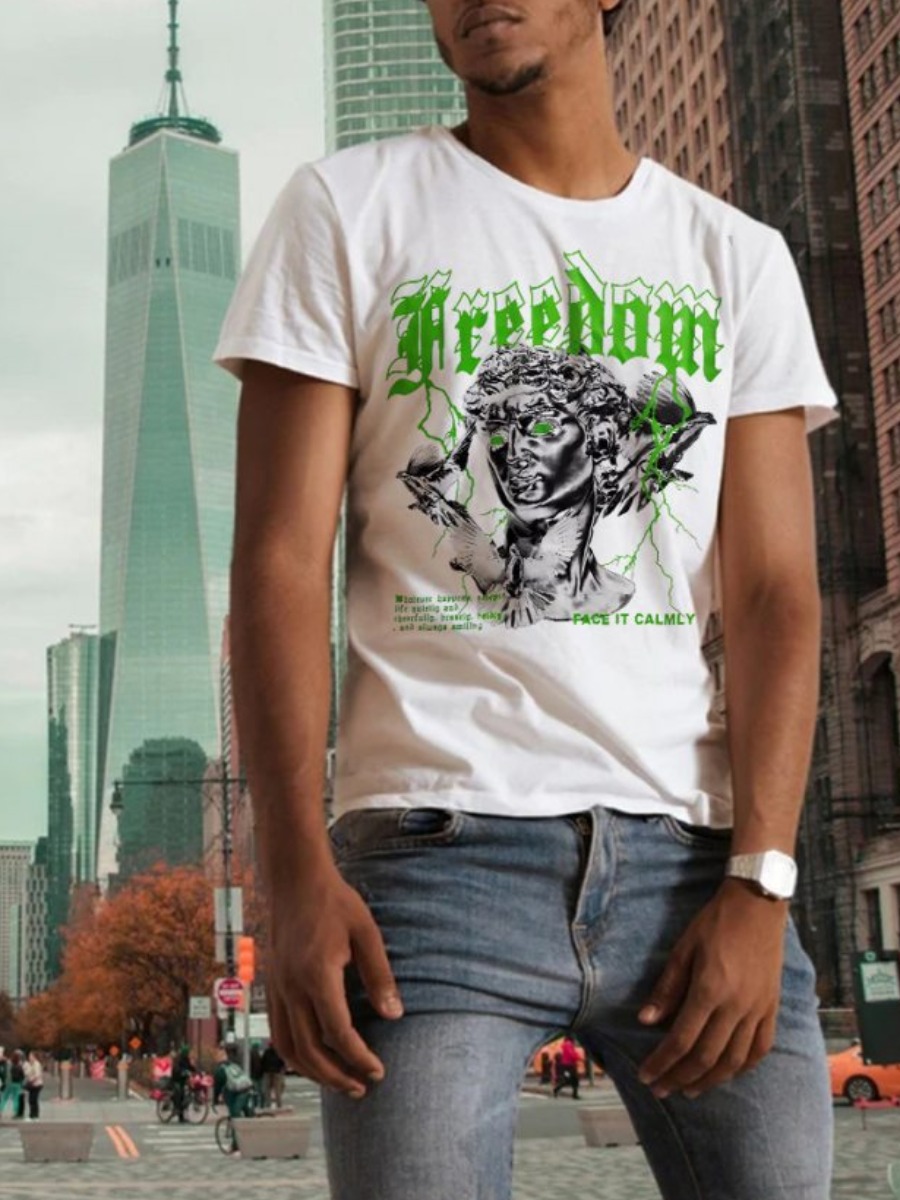 LW Men Pattern Mixed Print Letter T-shirt