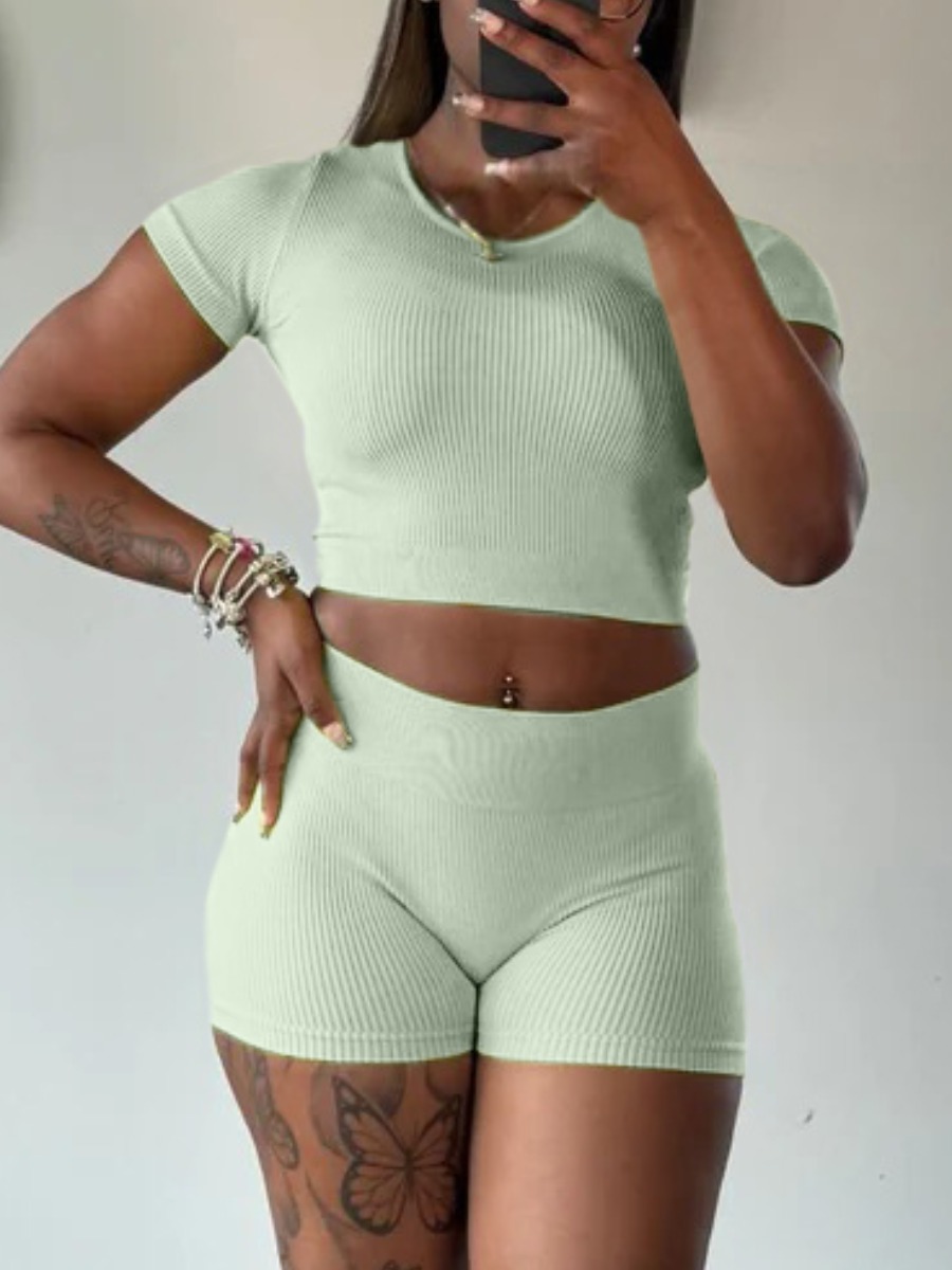 LW BASICS Casual Polyester Round Neck Solid Color Short Sleeve Two-piece Shorts Set