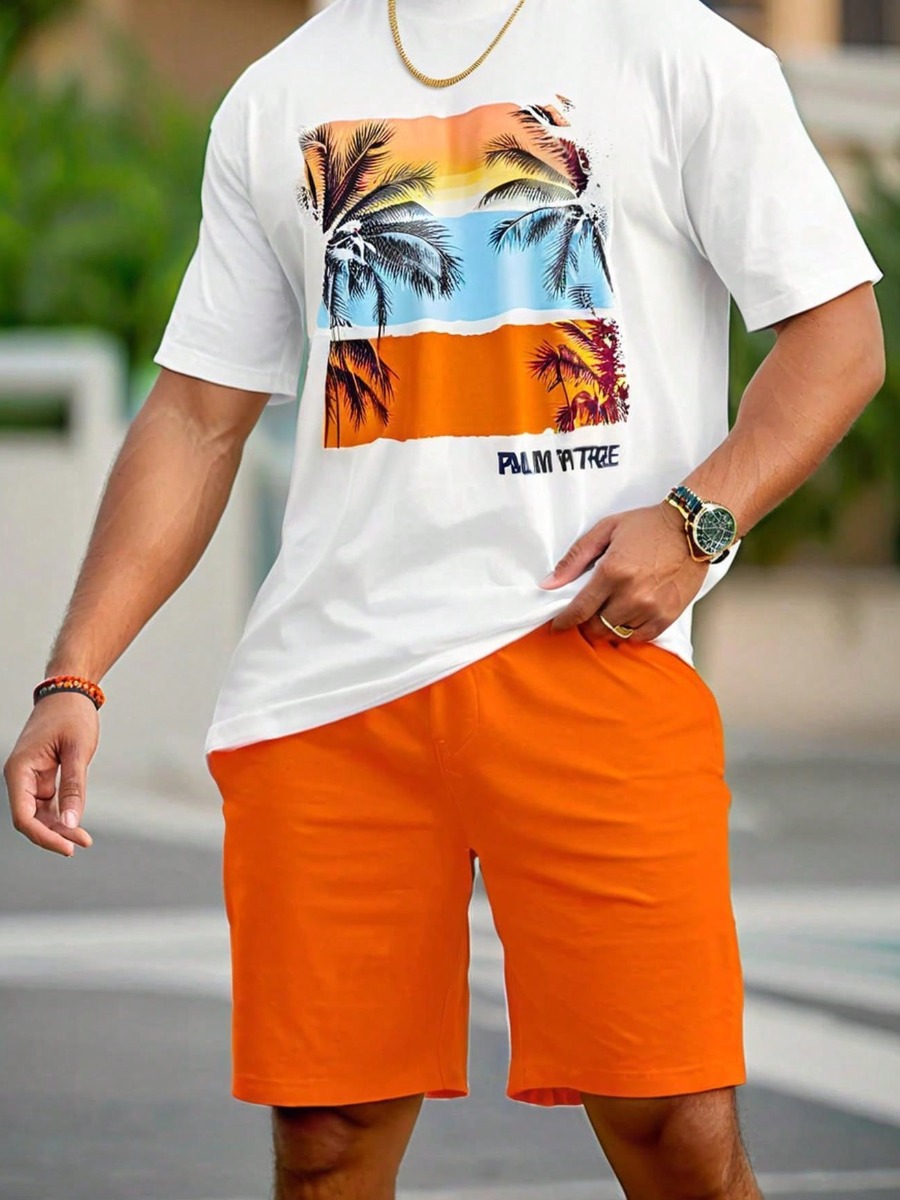 LW Men Pattern Plant Two-piece Shorts Set