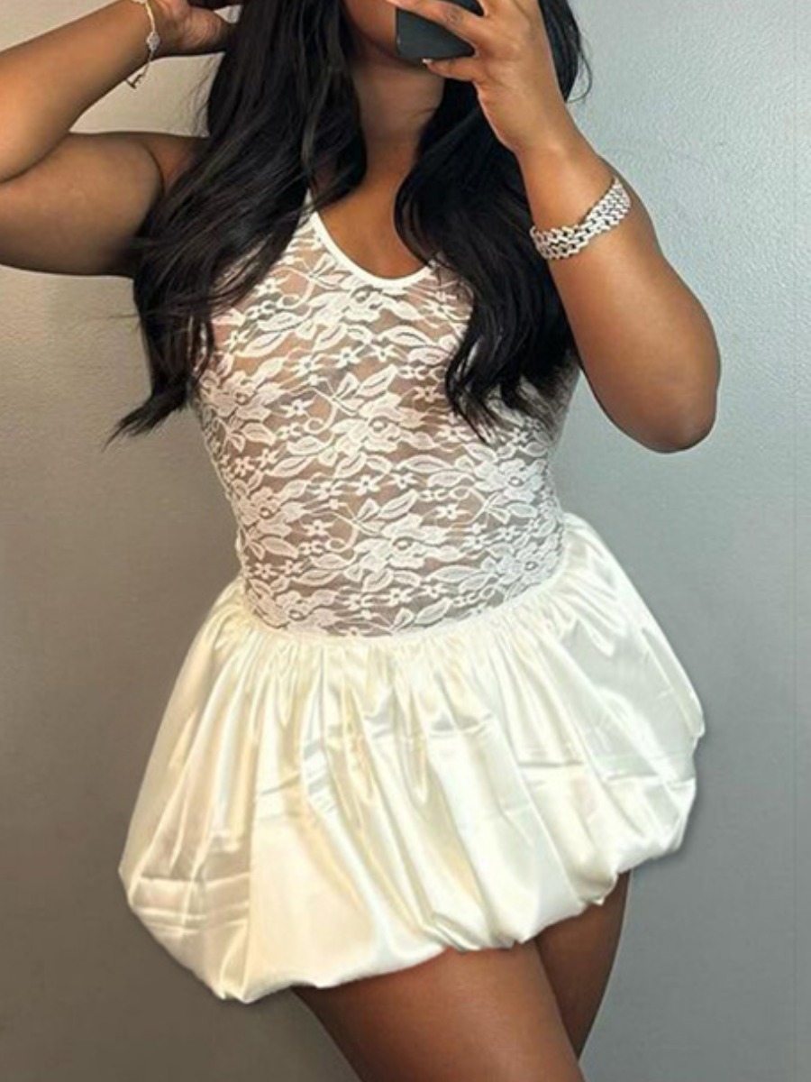 LW Lace Patchwork Solid Color Mini Dress