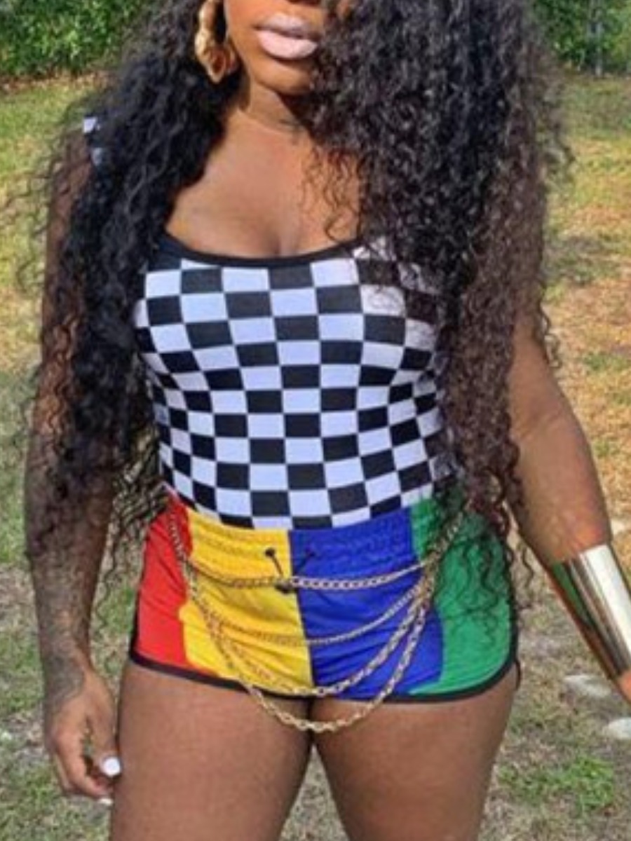 LW Casual Polyester U Neck Patchwork Plaid Striped Sleeveless Two-piece Shorts Set