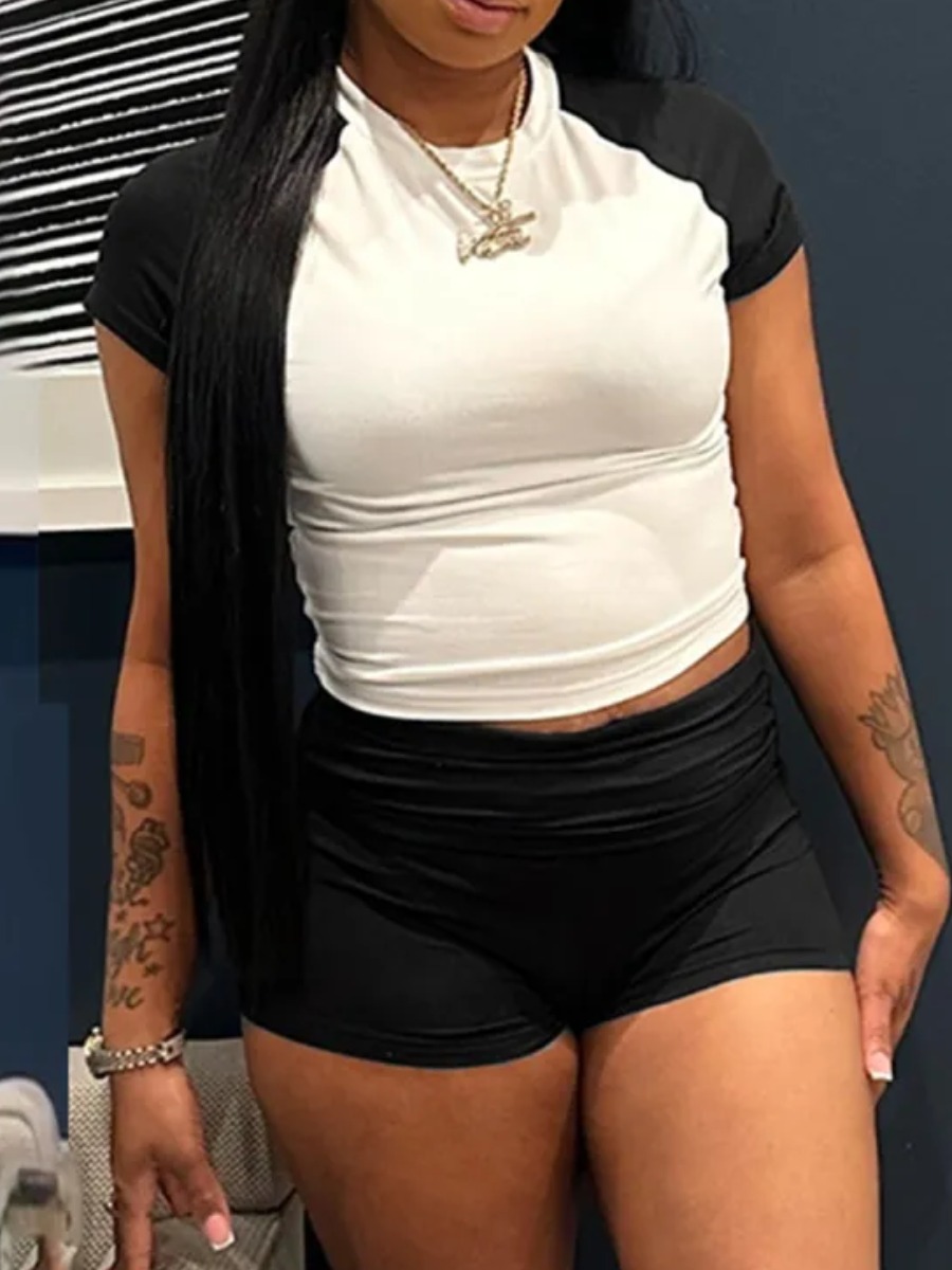 LW BASICS Casual Polyester Round Neck Patchwork Color Contrast Short Sleeve Two-piece Shorts Set