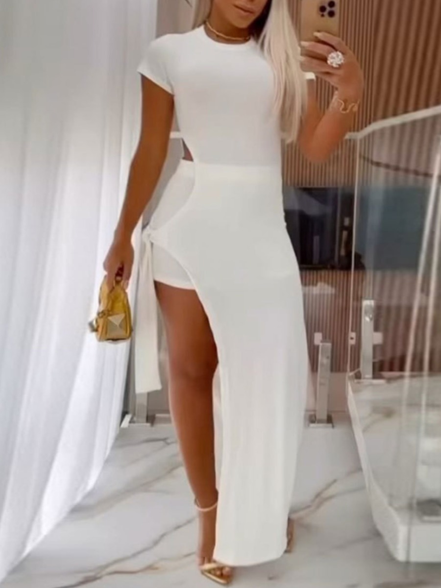 LW Casual Polyester Round Neck Bandage Design Solid Color Short Sleeve Two-piece Shorts Set