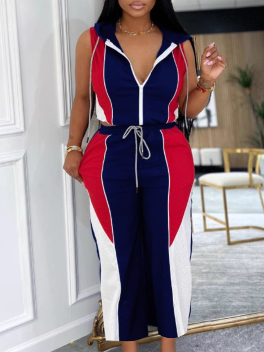 LW Street Polyester Hooded Collar Patchwork Color Contrast Sleeveless Two-piece Pants Set