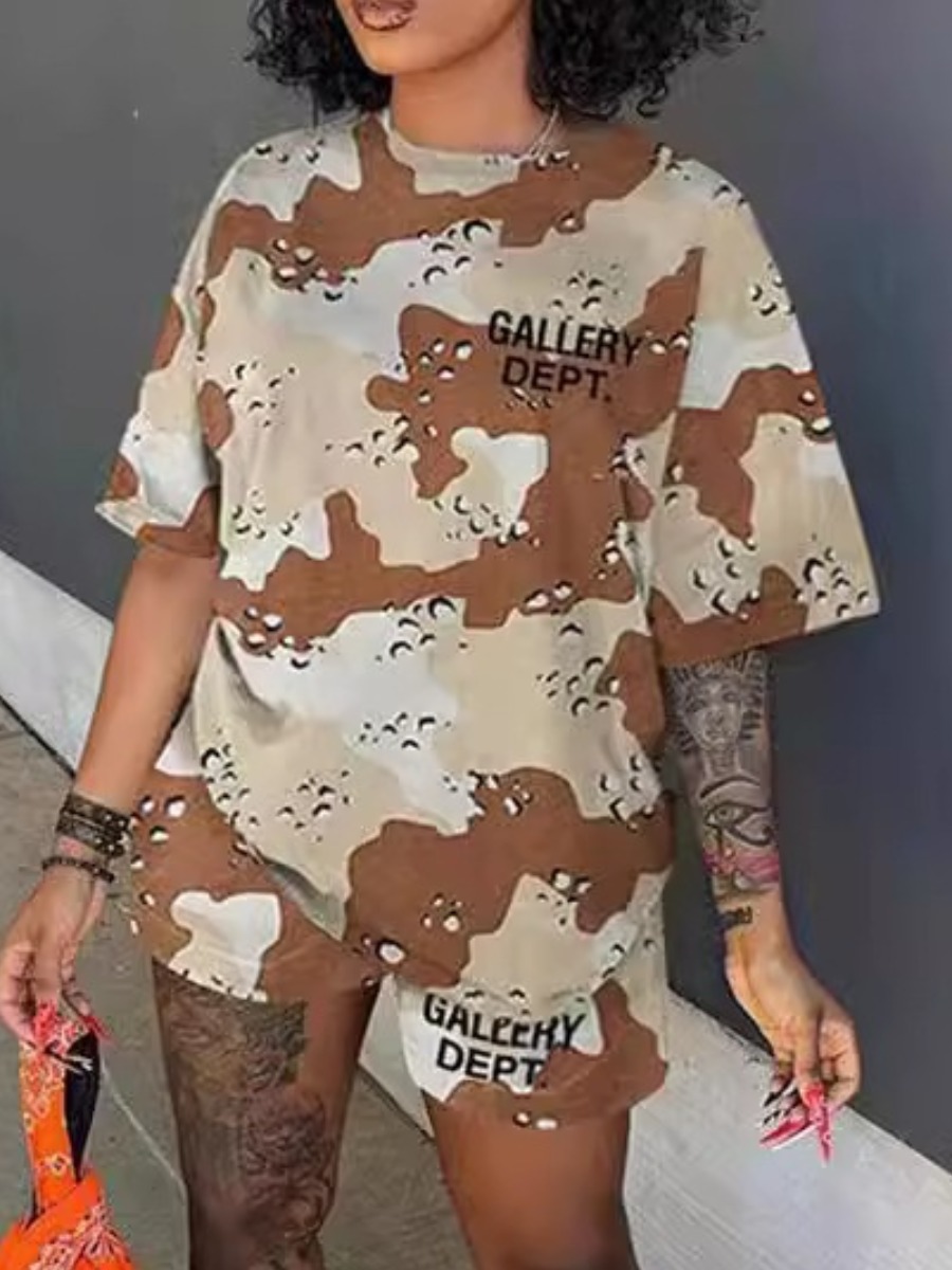 LW Street Polyester Round Neck Pattern Camo Short Sleeve Two-piece Shorts Set