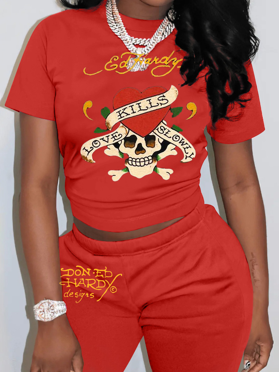 LW Street Polyester Round Neck Skull Letter Mixed Print Short Sleeve Two-piece Shorts Set