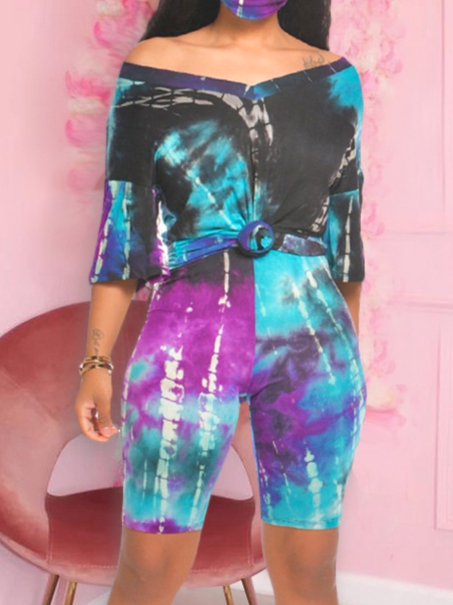 LW Casual Polyester V Neck Pattern Tie Dye Short S