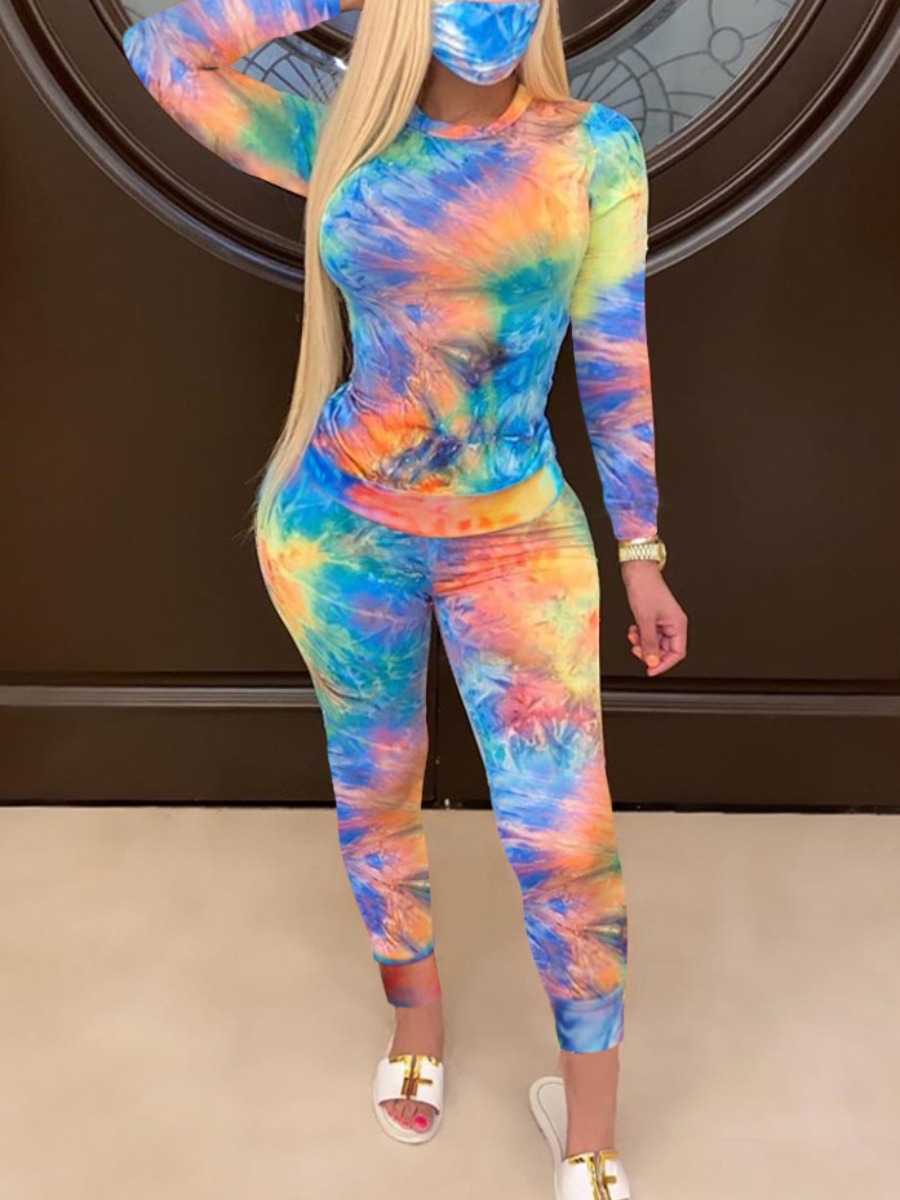 LW Casual Polyester Round Neck Pattern Tie Dye Long Sleeve Two-piece Pants Set