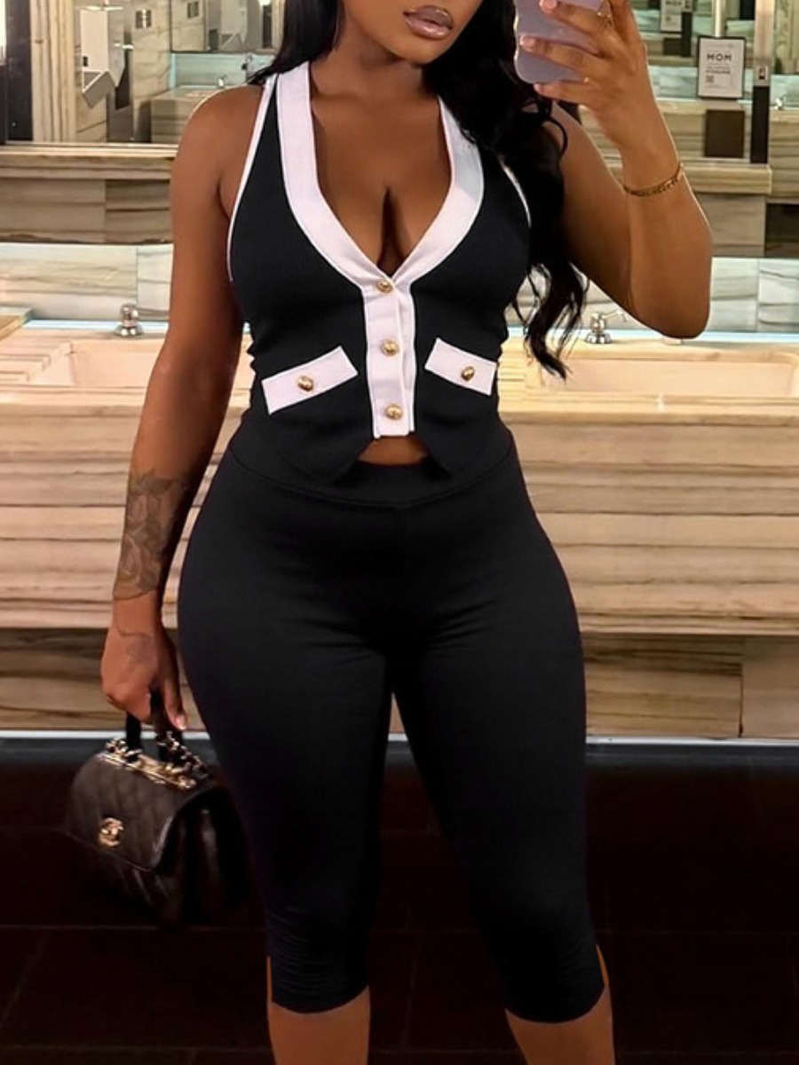 LW BASICS Casual Polyester V Neck Patchwork Color 