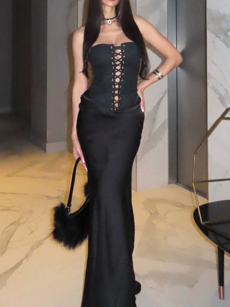 LW SXY Bandage Design Solid Color Maxi Dress