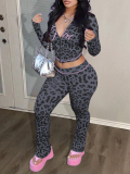LW BASICS Casual Milk Fiber Hooded Collar Pattern Leopard Long Sleeve Two-piece Pants Set