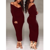 Sexy V Neck Long Sleeves Polyester Wine Red Sheath